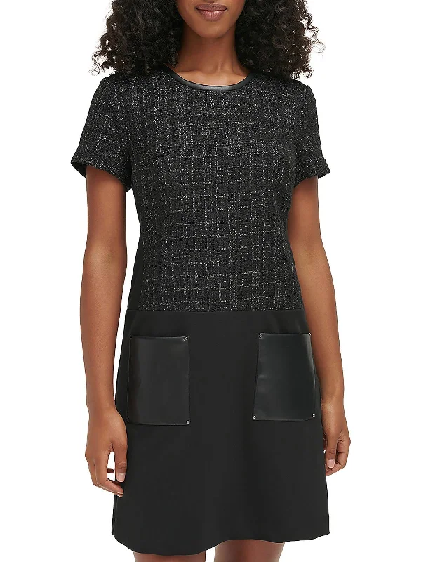 Womens Tweed Faux Leather Trim Wear To Work Dress Tunics Brand named
