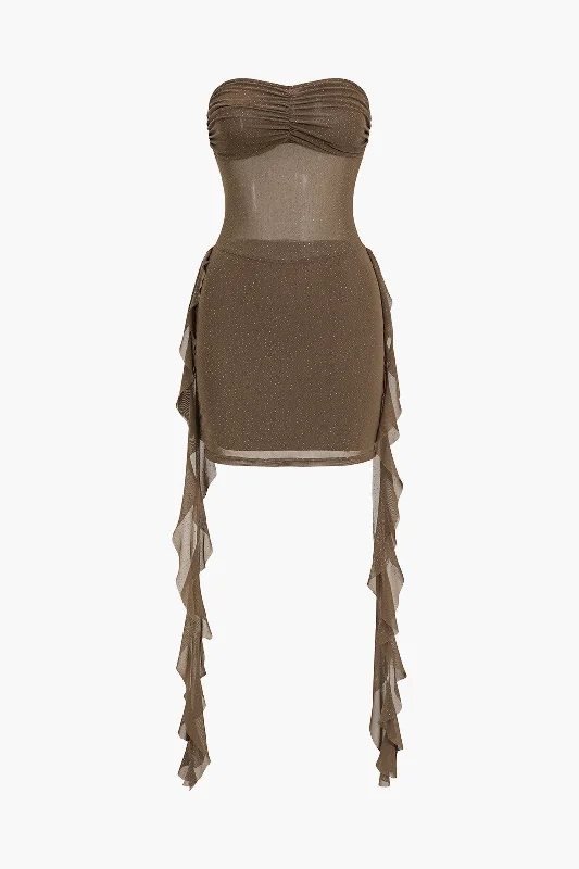 Mesh Sheer Ruffle Ruched Rhinestone Strapless Mini Dress Comfortable Casual Mini Dress Mesh Sheer Ruffle Ruched Rhinestone Strapless Mini Dress Comfortable Casual Mini Dress