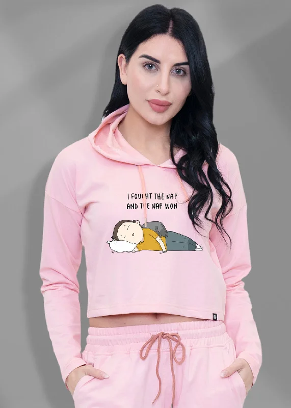 I Faught Nap Time Millenial Pink Cropped Hoodie For Women | Pronk Hoodie with Set-In Sleeves Structured Classic