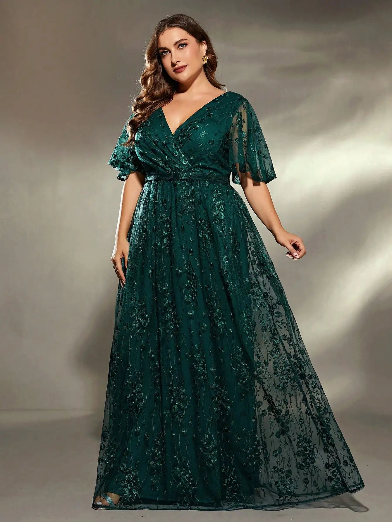 Dark Green V Neck Lace Plus Size Party Dress Tunics Exclusive limited