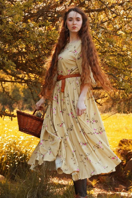 Spring Summer Floral Midi Linen Dress 3486 A-Line Day Work