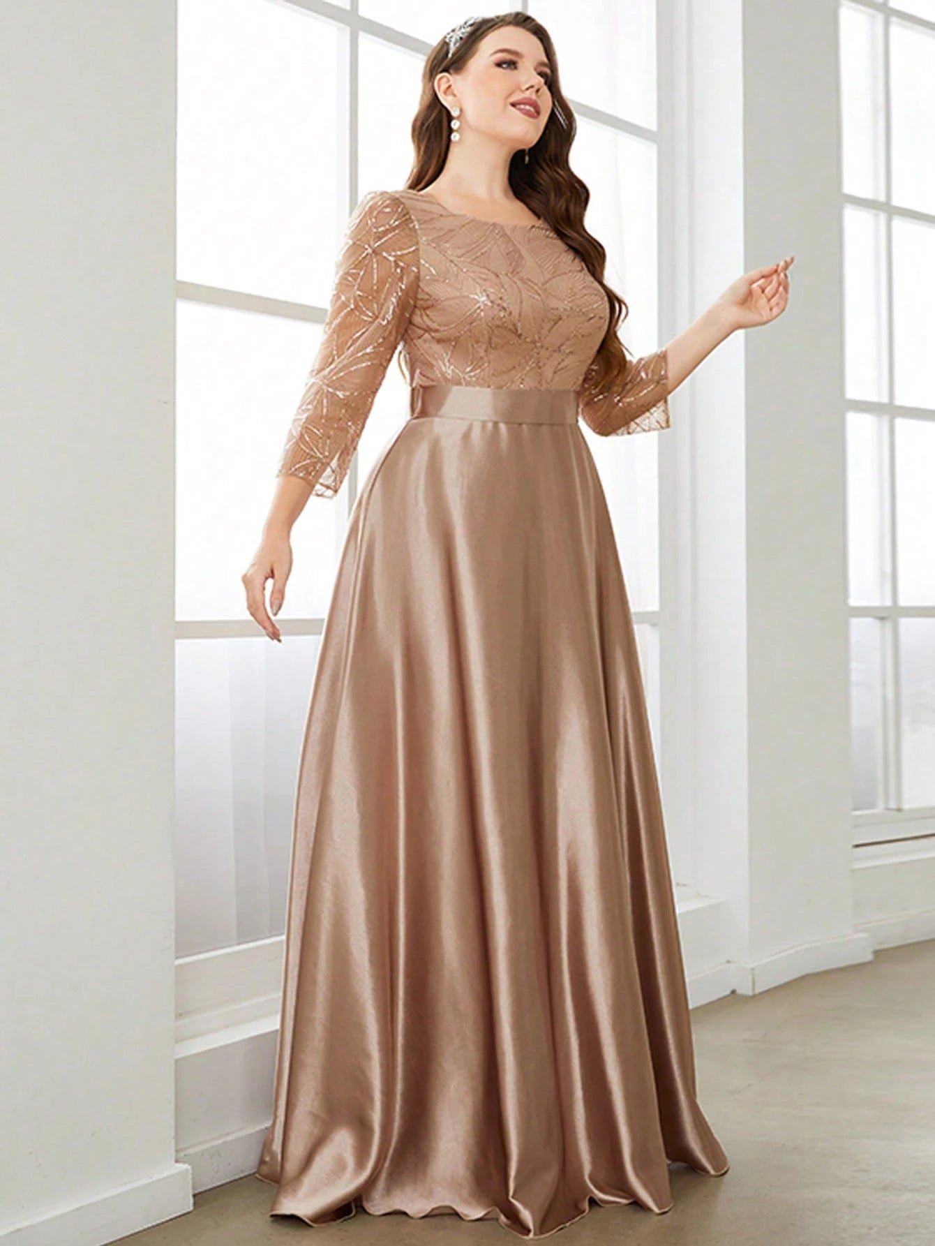 Champagne Round Neck Lace Sleeve Plus Size Party Dress Tunics Versatile stylish