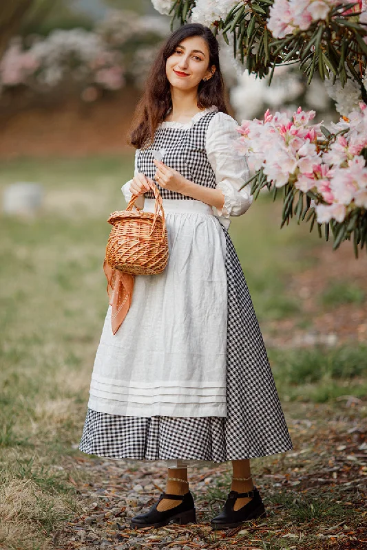 Vintage Inspired A-line Plaid Pleated Linen Dress 3479 Tunics Luxurious high-end