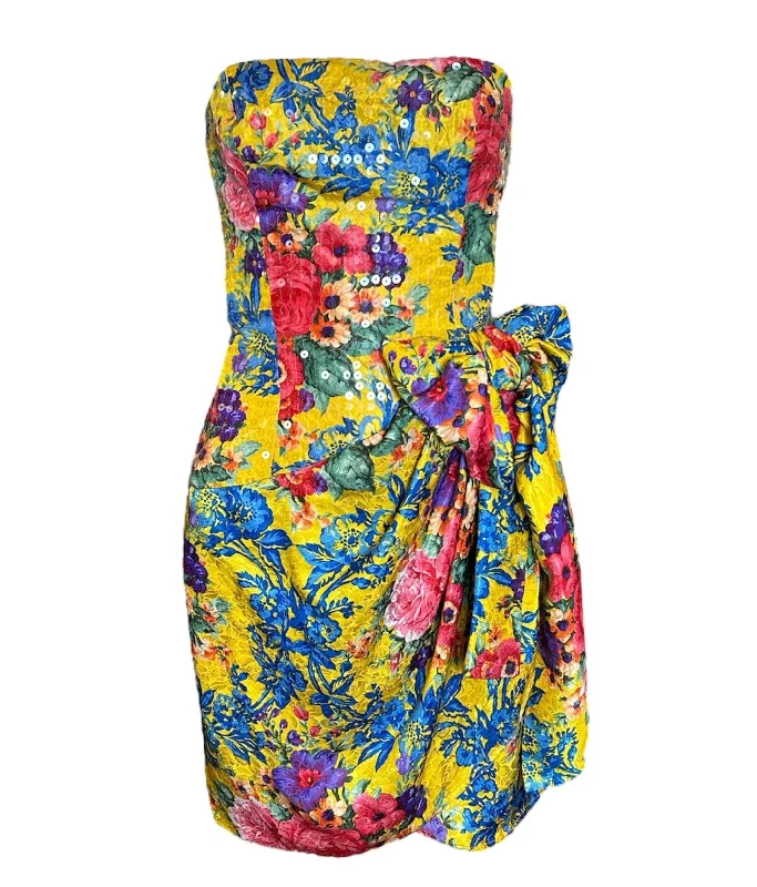 80s Bellville Sassoon Yellow Floral Silk & Sequined Cocktail Dress Tunic Top Casual