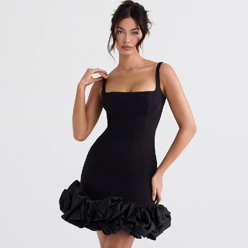 BerryBetty - Ruffle Hem Square Neck Sleeveless Bodycon Party Mini Dress - Black Stylish Button-Down Mini Dress