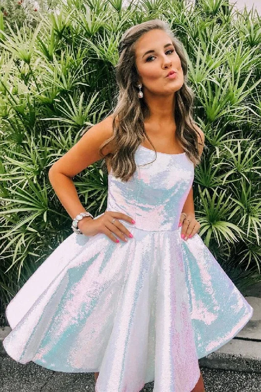 A-line Shiny White Sequins Short Homecoming Dress Back to School Party Dress OK1471 Tunics Corduroy durable