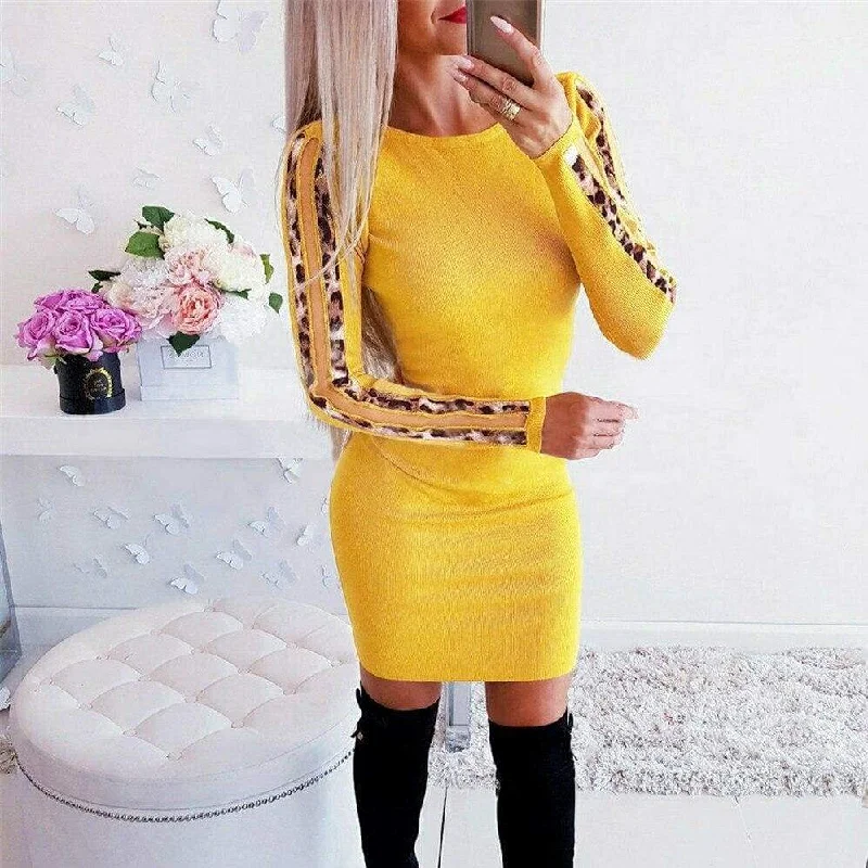FashionSierra - Fashion Women's Long Sleeve Stretch Package Hip Bodycon Mini Dress Ladies Autumn Casual Round Neck Slim Fit Party Dresses Tunics Polka dots