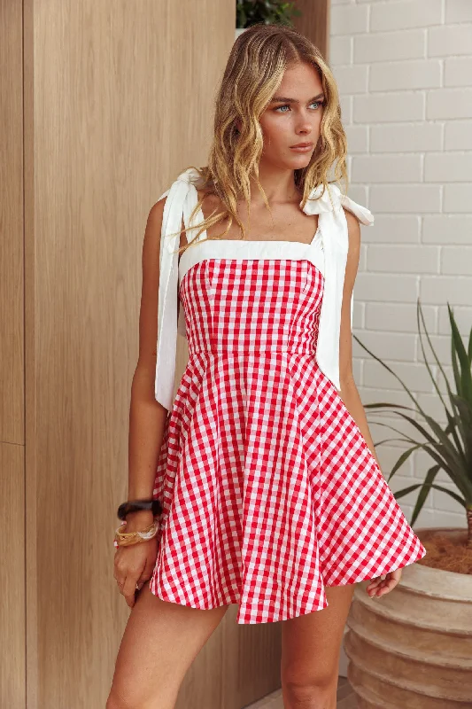 Jeanie Tied Shoulder Mini Dress Gingham Red Comfortable Fit-and-Flare Mini Dress