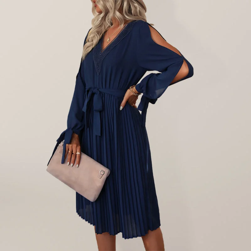 Women's woven V-neck hollow-out long-sleeved dress Tunics Canvas sturdy