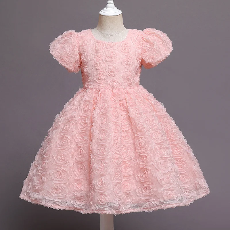 Baby Girl Flowers Puffy Rose Birthday Cake Dress Cowl Neckline Elegant