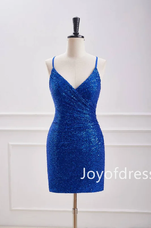 V-Neck Royal Blue Sequin Ruched Mini Dress Comfortable One-Shoulder Mini Dress