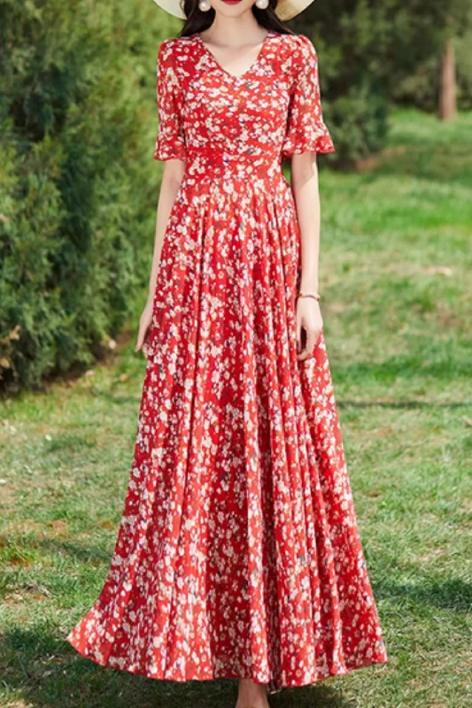 Red flower printed maxi chiffon dresses 5008 Tunics Exclusive limited