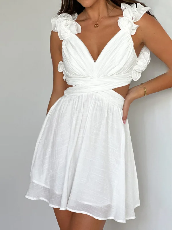 Summer Solid Color Open Graceful Back Pleated Mini Dress Stylish Sweetheart Neck Mini Dress Summer Solid Color Open Graceful Back Pleated Mini Dress Stylish Sweetheart Neck Mini Dress