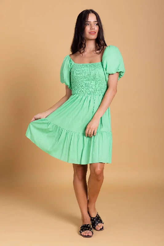 AMAYA - Elle puff sleeve dress - Parrot green! 12 Crew Neckline Sporty