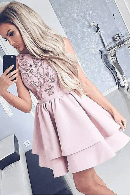 Pretty Bateau Short Pink Satin Homecoming Party Dress with Appliques OKO51 A-Line Day Work
