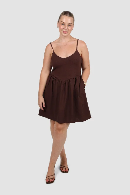 ZAREN MINI DRESS CHOCOLATE Comfortable One-Shoulder Mini Dress