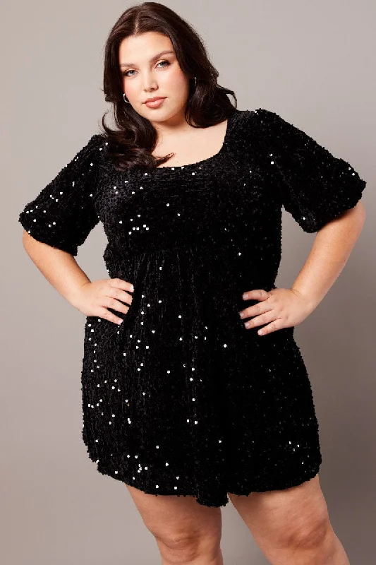 Black Velour Sequin Party Dress Tunics Practical easy-care