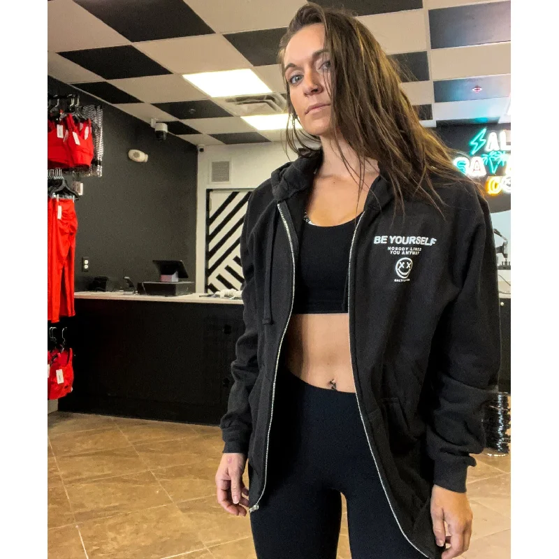 Salty Savage Unisex “BE YOURSELF, NOBODY LIKES YOU ANYWAY” Zip Up Hooded Sweatshirt Oversized Hoodie Comfort Casual