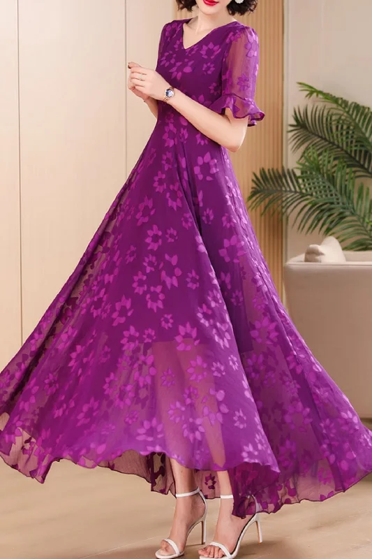 Purple floral printed summer chiffon dress 4980 Tunics Luxurious high-end