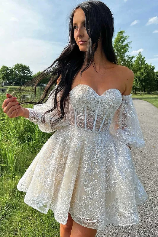 A Line Ivory Sweetheart Puff Sleeves Short Party Dress Sweet Homecoming Dress OK1505 Tunics Running lightweight