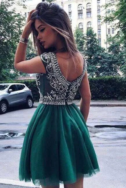 Short Beads Hunter Green Tulle A Line Prom/Homecoming Dresses,Cocktail Party Dresses OK315 Tunics Luxurious high-end