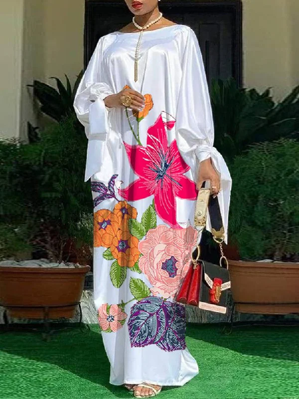 Women sixsr Summer Party Dress Vintage Floral Printed Casual Loose Bohemian Beach Sundress Long Sleeve Satin Maxi Vestidos Tunics Modern contemporary