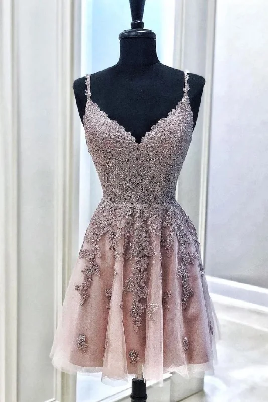 Pink Tulle Lace Appliques Spaghetti Straps Short Prom Dresses, Mini Party Dress OKO65 empire Waist empire