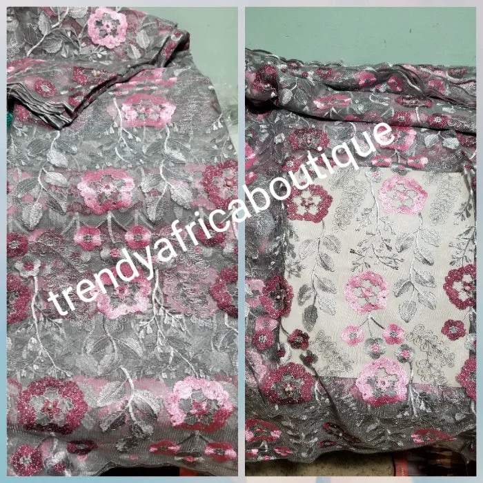 Gray/pink Embridery tulle Africa French lace fabric. Beautiful flower design great texture for making Nigerian/African party dress. Sold per 5yds. Price is for 5yds. Aso-ebi lace. Contact for large quantity Tunics Corduroy durable