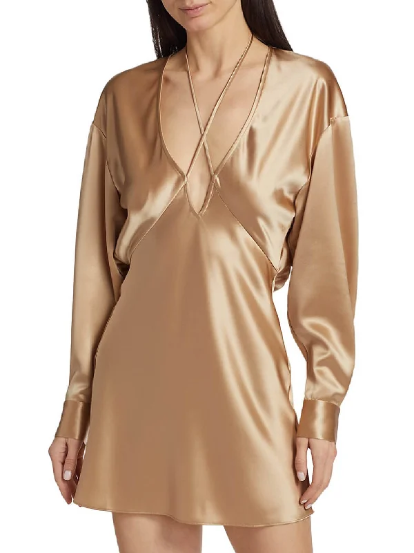 Delicate Strappy Deep V-Neck Graceful Tela Satin Mini Dress Comfortable Fit-and-Flare Mini Dress