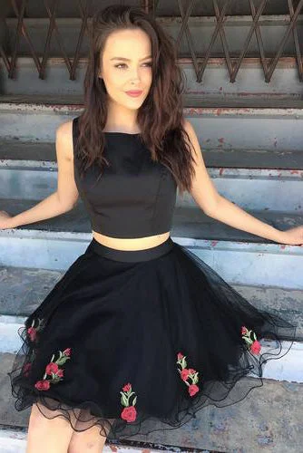 Unique Two Piece Short Black Tulle Homecoming Dresses Party Dress With Flowe Appliques OK520 Tunics New arrival Unique Two Piece Short Black Tulle Homecoming Dresses Party Dress With Flowe Appliques OK520 Tunics New arrival