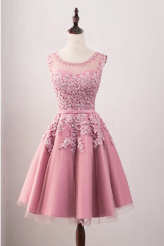 A Line Applique Tulle Short Homecoming Dresses,Cocktail Party Dresses,Graduation Dresses OK347 Tunics Chic elegant