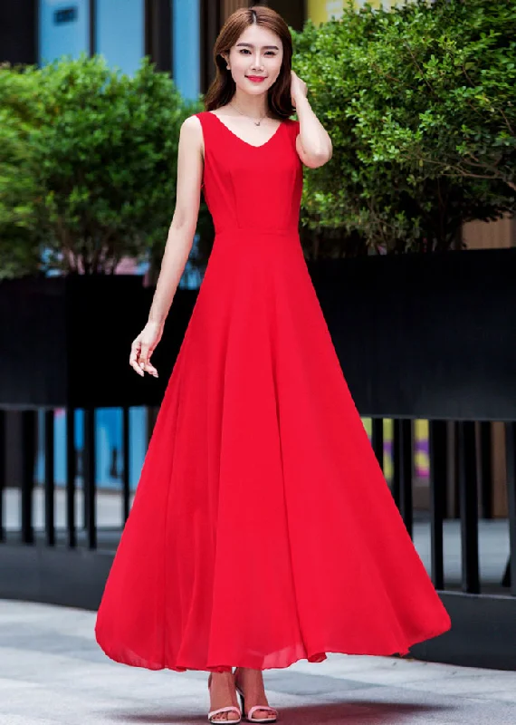 V neck retro high waist flare chiffon long dress 2632 Tunics Denim casual