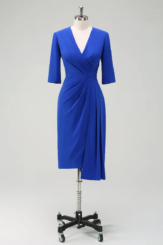 Royal Blue V-Neck Pleated Bodycon Cocktail Party Dress sweetheart Neckline Romantic