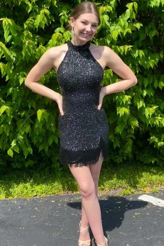 Black Sequins Halter Tassel Mini Party Dress Short Homecoming Dress OK1490 Tunics Trousers formal