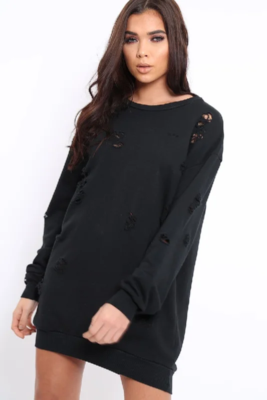 Black Distressed Detail Sweatshirt Jumper Dress - Ivy Oversized Hoodie Comfort Casual