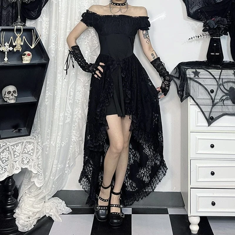 Women's Gothic Off-the-shoulder High/low Lace Party Dress Tunics Fall fleece