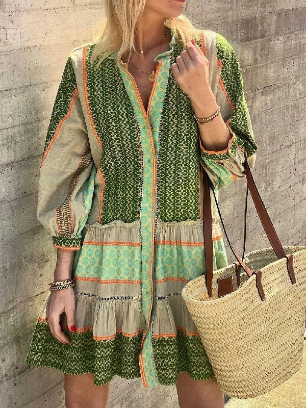 Ethnic Print Three-quarter Charming Sleeve Mini Dress Chic Bohemian Mini Dress