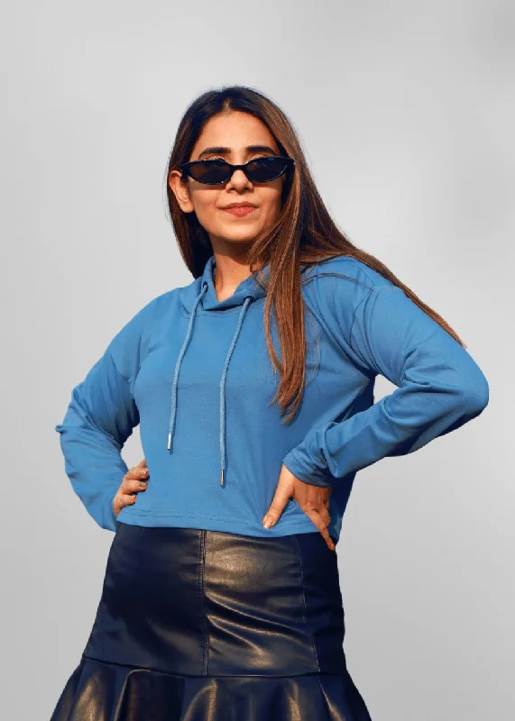 Denim Blue Women Cropped Solid Hoodie | Shop Now | Pronk Hoodie with Batwing Sleeves Loose Dramatic