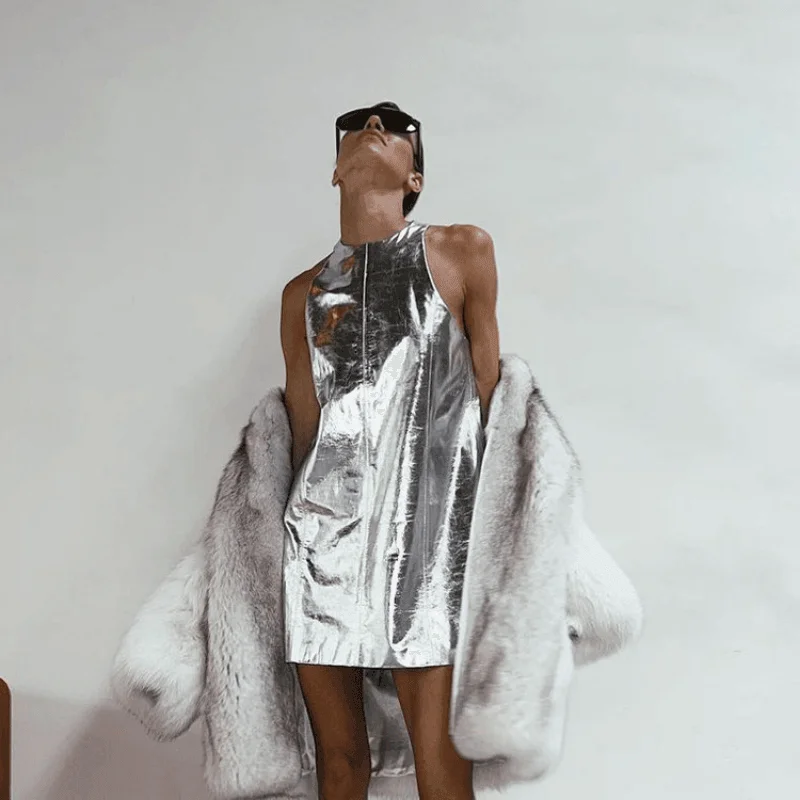 Moonstone Foiled Faux Leather Mini Dress Chic Pleated Mini Dress