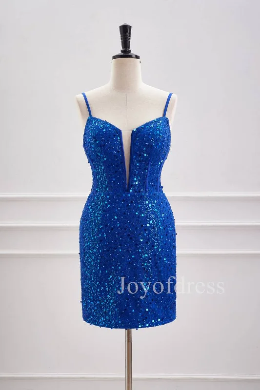 Sparkly Plunging Neck Straps Royal Blue Sequin Mini Dress Elegant Satin Lace Mini Dress