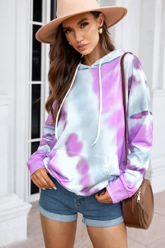 Dropped Sleeve Tie-dye Hoodie with Drawstring Hoodie with High-Low Hem Asymmetrical Trendy