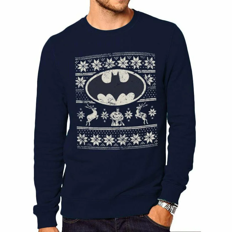 Batman Fair Isle Logo Crewneck Sweatshirt DC Adult Hoodie with Hem Drawcord Adjustable Customizable