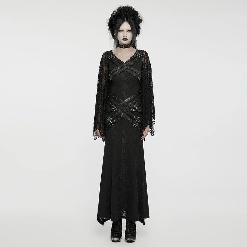 Women's Gothic Lace Sleeved Buckle Strap Splice Party Dress Cowl Neckline Elegant