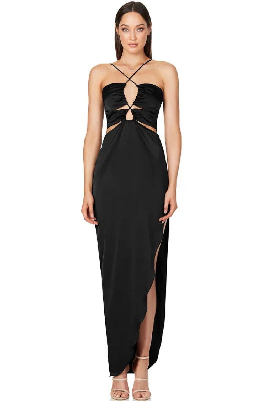 Silky Satin Cross Front Cutout Slit Cocktail Party Dress - Black Shift Classic Vintage Silky Satin Cross Front Cutout Slit Cocktail Party Dress - Black Shift Classic Vintage