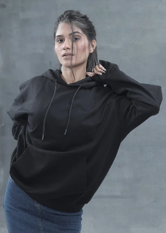 Solid Black Women Drop Shoulder Premium Terry Hoodie | Pronk Hoodie with Raw Hem Edgy Unfinished