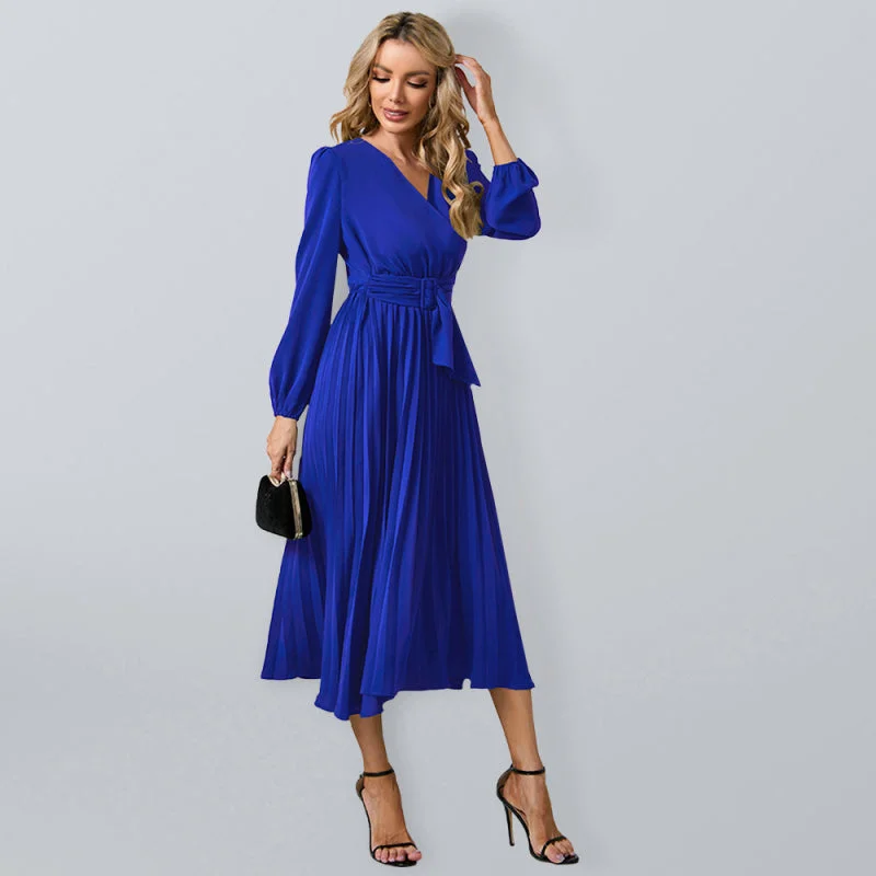 New long sleeve slim pleated belt V-neck dress A-line skirt Tunics Plaid country