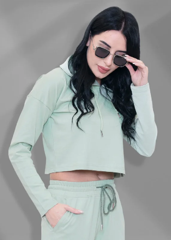 Coral Green Solid Cropped Hoodie For Womens | Pronk Hoodie with Hem Applique Textured Unique