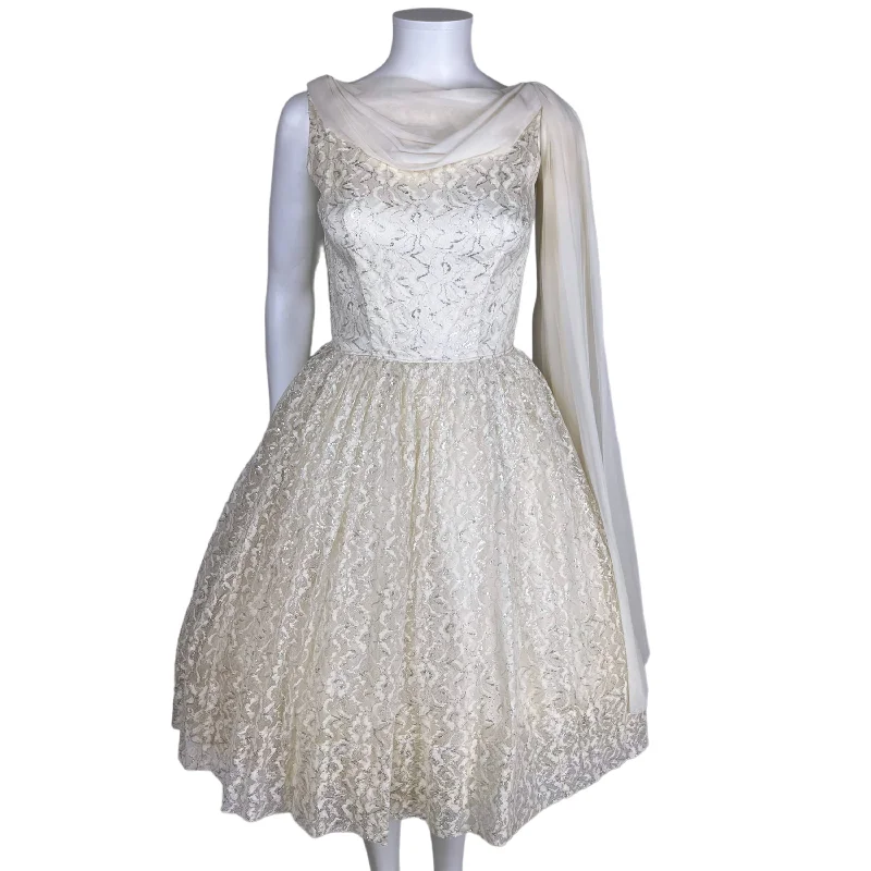 Vintage 1950s Party Dress Metallic White Lace & Taffeta Sz S Tunics Evening elegant