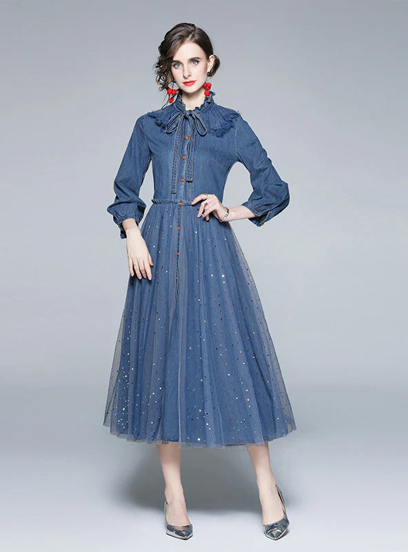 RETRO LONG SLEEVE MESH SEQUINED DENIM BLUE DRESS Tunics Gym athletic