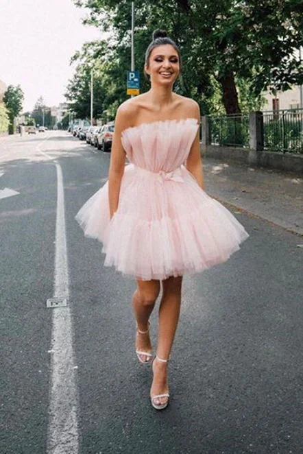 Strapless Pink Tulle Short Homecoming Dress Princess Sleeveless School Party Dress OK1508 Tunics Travel practical